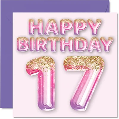 Abbildung von Stuff4 Geburtstagskarte zum 17. Geburtstag für Mädchen rosa und lila Glitzerballons Happy Karten 17 Jahre altes Tochter Schwester Enkelin Cousin 145 mm x Grußkarten Geschenk
