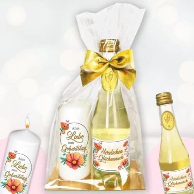 Abbildung von Geschenkset Piccolo Beerenperlwein &quot;Herzlichen Glückwunsch&quot; &amp; Kerze &quot;Zum Geburtstag&quot; kreatives Geschenk für Frauen, Geburtstag Sekt hochwertige Stumpenkerze, Kleinigkeit zum Genießen
