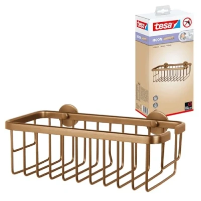 Abbildung von tesa Duschablage MOON selbstklebendes, extra tiefes Duschregal, Packung 3 tlg., PVD beschichtetes Metall ohne Bohren 92 x 250 125 mm Bronze