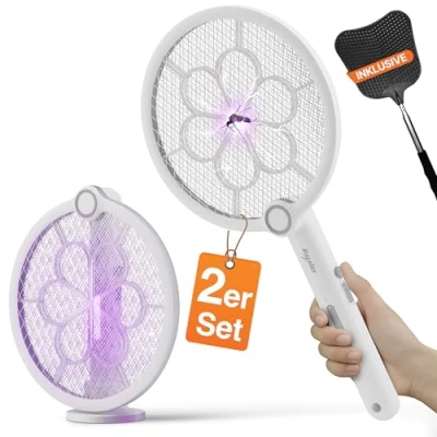 Abbildung von RAPIZZ 2er Set Elektrische Fliegenklatsche Akku 3in1 Funktion &amp; Gratis Mückenklatsche I Extra Stark Mosquito Bat Fly Swatter Elektronische Elektro Fliegenklatschen USB Elektrischer Mücken Schläger