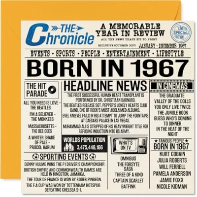 Abbildung von Geburtstagskarte zum 57. Geburtstag für Männer und Frauen, Zeitung &quot;Born in 1967 Newspaper Happy 57 Birthday Card for Mum Dad Onkel Aunt Vintage Retro Back 1967, 145 mm x Fifty Seven