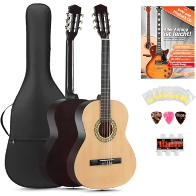 Abbildung von Gitarrenset Acoustic Series AS 851 L Klassikgitarre für Linkshänder Starter SET (Konzertgitarre, Bag/Tasche, Schule, Plektren, Saiten, Stimmpfeife) natur 3/4