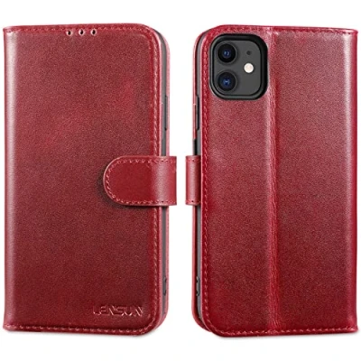 Abbildung von LENSUN Echtleder Hülle für iPhone 11, Handyhülle [Echtes Leder][Magnetverschluss][Standfunktion] Handytasche Lederhülle Klappbar Kompatibel mit 11 Weinrot
