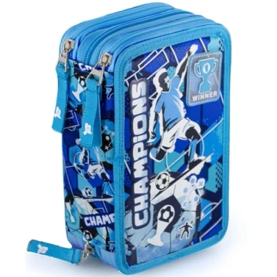 Abbildung von Julian Ross Champions Fußball Blau Federmäppchen Kinder, 3 Organisierte Fächer, Federtasche Junge Gefüllt, Jungen Schulmäppchen, 45 Teilen für die Schule