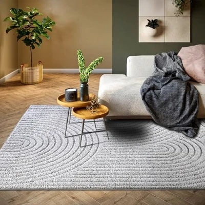 Abbildung von ELLE Decoration Panglao moderner Hochflor Teppich Wohnzimmerteppich Flauschig Hoch Tief Effekt Skandi Boho Geometrisch Wellen, Bogen für Wohnzimmer, Schlafzimmer, Küche Hellgrau, 200x280cm