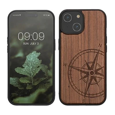 Abbildung von kwmobile Hülle kompatibel mit iPhone 15 Holz Case Handy Cover TPU Handyhülle in Dunkelbraun Kompass Vintage
