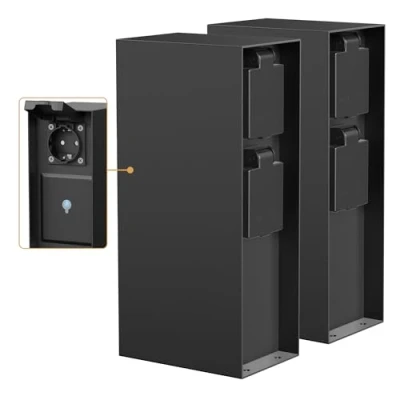 Abbildung von ledscom.de 2 Stück Garten Steckdosensäule POMI für außen, IP44, Smart Home, WLAN, Alexa, 3 Fach, Edelstahl, schwarz, eckig, 23 cm