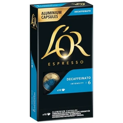Abbildung von L&#039;OR Espresso Decaffeinato 6, Kaffeekapseln Nespresso®* kompatibel (10 Kaffeepads), entkoffeiniert, vollmundig, Intensität 6/11
