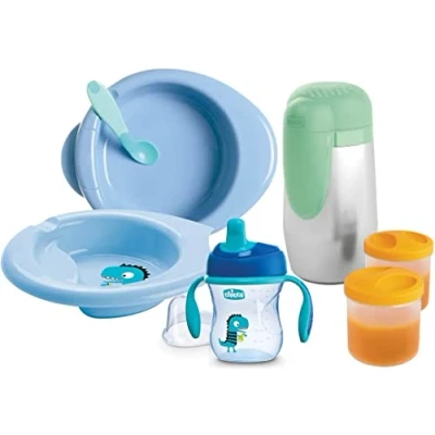 Abbildung von Chicco Baby Geschirr Set, Geschirrset für Essen und Babynahrung, bestehend aus Tasse Training Cup, Erster Löffel, Teller, Babynahrung Teller thermischer Speisenhalter, 6 M +, Blau