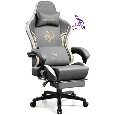 Abbildung von GTPLAYER Gaming Stuhl Gamer mit Bluetooth Lautsprechern und Fußstütze, Dragon Series Bürostuhl, Ergonomischer Stuhl, Drehsessel, Computerstuhl grau