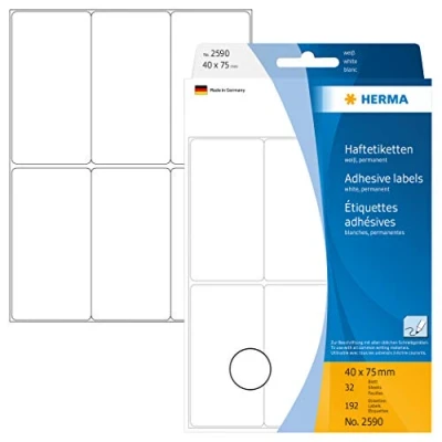 Abbildung von HERMA 2590 Vielzweck Etiketten, 192 Stück, 40 x 75 mm, 6 pro Bogen, selbstklebend, Haushaltsetiketten zum Beschriften, matt, blanko Papier Klebeetiketten Aufkleber, weiß