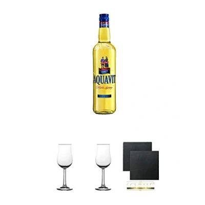 Abbildung von Lehment Rostocker AQUAVIT 0,7 Liter + Nosing Gläser Kelchglas Bugatti mit Eichstrich 2cl und 4cl 2 Stück Schiefer Glasuntersetzer eckig ca. 9,5 cm Ø