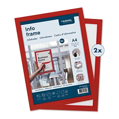 Abbildung von EUROPEL Selbstklebender magnetischer Info Rahmen aus PVC, A4 Rot, 2er Set, einfach ablösbar durch Magnet, doppelseitig, Hoch oder Querformat, 32,5 x 23,8 cm
