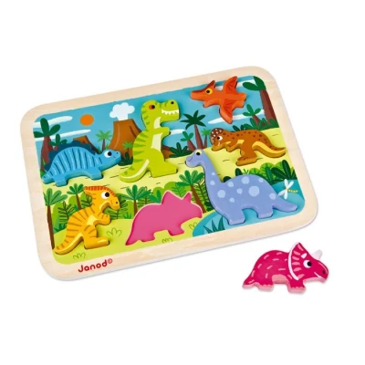 Abbildung von Janod Chunky Puzzle aus Holz, Dinosaurier, 7 Teile, Entwicklung der Feinmotorik und Konzentration, ab 18 Monaten, J07054