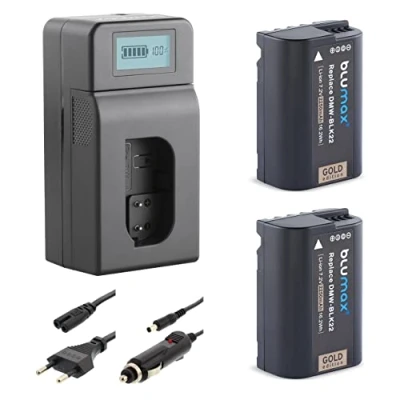 Abbildung von 2X Blumax Akku ersetzt Panasonic DMW BLK22 / BLK22E 2250mAh + LCD Turbo Ladegerät komaptibel mit Lumix DC S5 S5K G9 GH5 II GH5S GH6