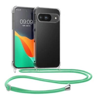 Abbildung von kwmobile Necklace Case kompatibel mit Google Pixel 9 / Pro Hülle Silikon Cover Handykette Band Handyhülle Mintgrün Transparent