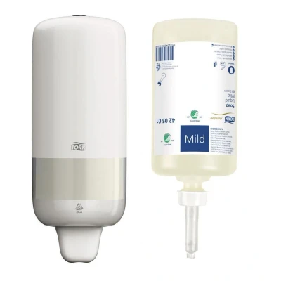 Abbildung von TORK Seifenspender 1 Starter Pack S1 Elevation weiß + 1L Flüssigseife mild, (1 tlg), Schnell &amp; einfach nachfüllbar, Bedienerfreundlich