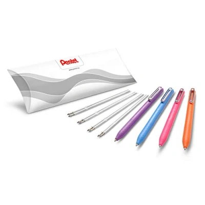 Abbildung von Pentel BX470 iZee Kugelschreiber 4 Farben Set inkl Nachfüllminen, farblich sortiert, Gehäusefarbe entspricht Schreibfarbe, Druckmechanik, Metallclip, Strichstärke 0,5 mm = Kugeldurchmesser 1,0