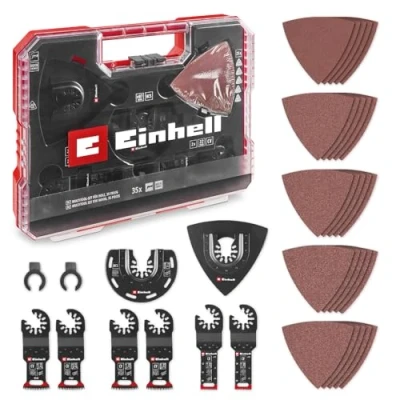 Abbildung von Original Einhell XL PLUS CASE 35 tlg. Multitool Set für Holz (CV Tauchsägeblätter, HCS Halbrund Sägeblatt, Delta Trägerplatte, Aluminiumoxid Schleifpapier Holz, Dremel Adapter)