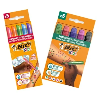 Abbildung von BIC Kids temporäre Tattoos Set: 5 Stifte und Stempel in verschiedenen Farben, geruchsarme Tattoo für die Haut mit 10 Schablonen