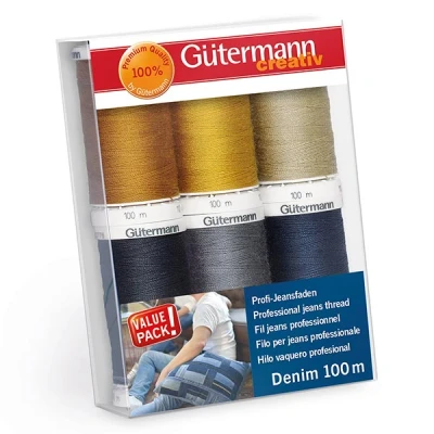 Abbildung von Gütermann creativ Nähfaden Set mit 6 Spulen Profi Jeansfaden Denim 100 m in den typischen Jeanssteppfarben