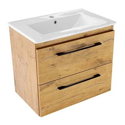 Abbildung von paplinskimoebel badezimmermöbel GIRONA60 Set unterschrank + waschbecken, badschrank Einbau Waschbecken aus Keramik, 60 x 39 55 cm, hängeschrank mit Soft Close System (Eichenoptik Keramik)