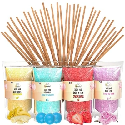 Abbildung von GREENDOSO® Zuckerwatte Zucker für Zuckerwattemaschine (4x320 g) 4 Sorten (Erdbeere/Kaugummi/Banane/Vanille) + 50 Stäbchen