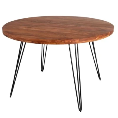 Abbildung von riess ambiente Esstisch SCORPION Ø120cm natur / schwarz · 4,5cm Tischplatte Akazie (Einzelartikel, 1 St), Küche Massivholz Metall rund Hairpin Legs Retro Design