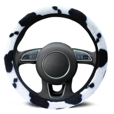 Abbildung von Universal Kuh Plüsch Auto Lenkradhülle Lenkrad Abdeckung Fell Lenkradbezug Winter Warme Lenkradabdeckung Weich Künstliche Wolle Lenkradschutz Lenkradschoner Zubehör für 3739 cm