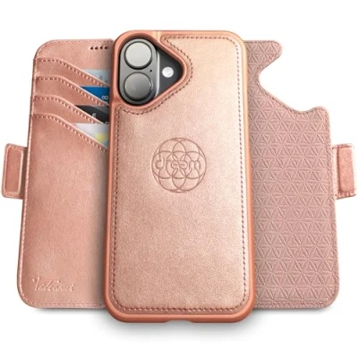 Abbildung von Dreem Fibonacci kompatibel mit iPhone 16 Brieftaschen Etui / 2 in 1 stoßfestes und abnehmbares Folio aus veganem Leder, MagSafe, RFID Schutz [Rosa]
