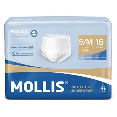 Abbildung von MOLLIS Inkontinenz Pants Erwachsene, Saugfähige Windelhosen für Männer und Frauen, Atmungsaktive Einweghosen, Optimaler Auslaufschutz über Nacht, Unisex, Größe S/M, 16 Stück
