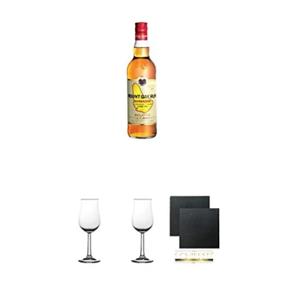 Abbildung von Mount Gay Eclipse Rum 2 Jahre Barbardos 0,7 Liter + Bugatti Nosing Gläser mit Eichstrich 2cl und 4cl Schiefer Glasuntersetzer eckig ca. 9,5 cm Ø