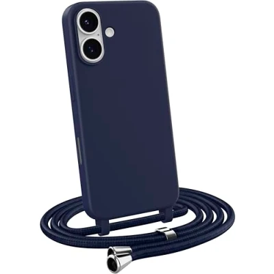 Abbildung von MyGadget Handykette für iPhone 16 TPU Hülle mit Band Handyhülle Handyband zum Umhängen Kordel Schnur Case Schutzhülle Dunkelblau