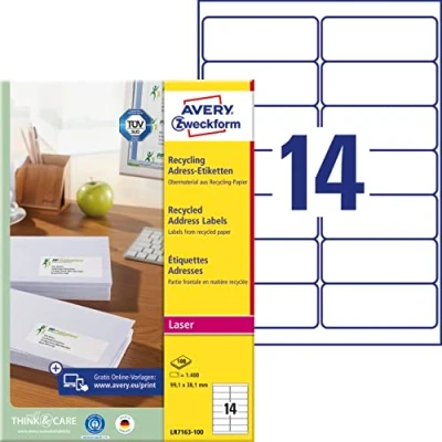 Abbildung von AVERY Zweckform LR7163 100 Recycling Etiketten (1.400 Adressaufkleber, 99,1x38,1mm auf A4, 100% recyceltes Altpapier, bedruckbar, selbstklebend, für DIN lang Briefkuverts) Blatt, naturweiß