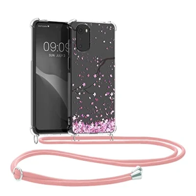 Abbildung von kwmobile Necklace Case kompatibel mit Motorola Moto E32 / E32s Hülle Silikon Cover Handykette Rosa Dunkelbraun Transparent Kirschblütenblätter