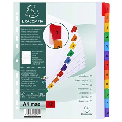Abbildung von Exacompta 4112E Karton Register 1 12 für DIN A4 MAXI aus teilig volle Höhe 24 x 29,7 cm weiß, bunte verstärkte Taben mit Indexseite Trennblätter Trennstreifen Ordner