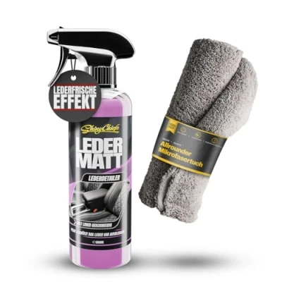 Abbildung von ShinyChiefs Leder Matt Detailer Set Versiegelnde Lederpflege mit Effekt für Glatt und Kunstleder im Fahrzeug Anti Glanz Pflegespray Autositze Lenkräder, Mikrofasertuch 500ml