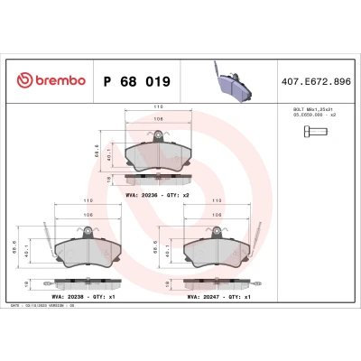 Abbildung von BREMBO P 68 019 Bremsbelagsatz inkl. Verschleißwarnkontakt mit Bremssattelschrauben ohne Zubehör RENAULT: ESPACE 2