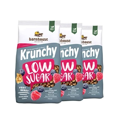 Abbildung von Barnhouse Krunchy Low Sugar Very Berry, zuckerarmes Bio Hafer Knuspermüsli aus Bayern, mit Himbeeren, Heidelbeeren und Tonka, 3 x 375g