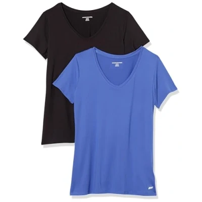 Abbildung von Amazon Essentials Damen Tech Stretch T Shirt mit kurzen Ärmeln und V Ausschnitt (erhältlich in Übergröße), 2er Pack, Kräftiges Blau/Schwarz, XXL