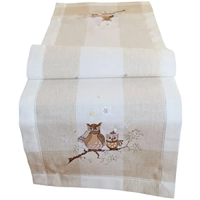 Abbildung von matches21 Tischläufer Lilian Eule Streifen Stick Heimtextilien Mitteldecke beige Ecru Polyester Leinen 1 STK 40x140 cm