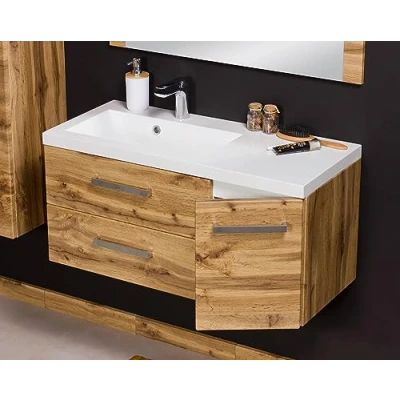 Abbildung von Quentis Badmöbelset Genua 90 cm, Waschtisch &amp; Unterschrank, Waschbeckenunterschrank montiert (Breite x Höhe 44,5 Tiefe 39 Front und Korpus Holzdekor Eiche Natur)