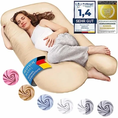 Abbildung von SMOOTHY XXL Schwangerschaftskissen Seitenschläferkissen, Lagerungskissen, Baby Kissen &amp; Stillkissen in U Form mit abnehmbarem waschbarem Bezug aus 100% Baumwolle (Classic XXL, 150 x 80 cm, Beige)