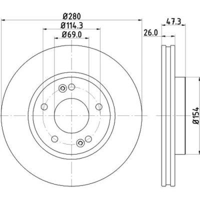 Abbildung von HELLA PRO High Carbon 8DD 355 129 711 Bremsscheibe 280 26 05/07 114,3 innenbelüftet beschichtet hochgekohlt ohne Radbefestigungsbolzen, Radnabe