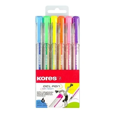 Abbildung von Kores K11 Farbige Neon Gelschreiber, 0,8 mm mittlere Spitze mit Geltinte für gleichmäßiges Schreiben, dreieckige ergonomische Form, Schul und Bürobedarf, 6 Stück in verschiedenen Neonfarben