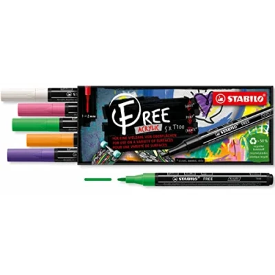 Abbildung von Acrylmarker STABILO FREE Acrylic T100 Rundspitze 1 2mm Spring 5er Pack mit 5 verschiedenen Farben