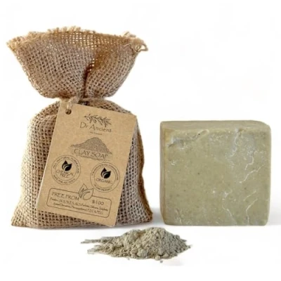 Abbildung von Dr.Ancient Ton Seifenstück, biologisch, natürlich, vegan, traditionell, handgefertigt, antik Mineralpeeling, Peeling, Porenverkleinerung, behandelt Akne und fettige Haut
