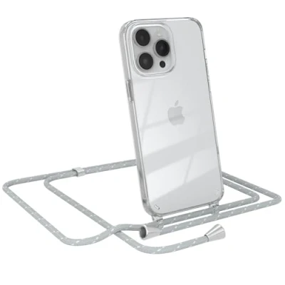 Abbildung von EAZY CASE Handy Chain kompatibel mit iPhone 14 Pro Max, Handykette Tasche transparent, Stoßfeste Soft Silikon TPU, Stylische Kette Hülle für Smartphone, Grau/Weiß Verschlüssen in Silber