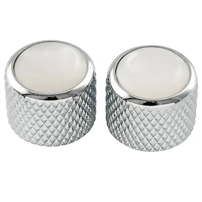 Abbildung von Musiclily Pro Stahl Zoll Gitarren Knöpfe Dome Knobs Perlmutt Oberseite 19x16,5mm für USA Strat Tele E Gitarre oder Precision Bass, Chrom (2er Set)