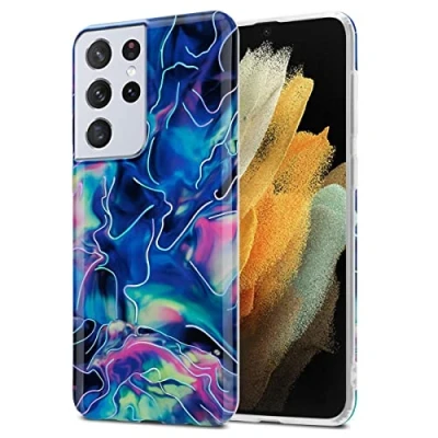 Abbildung von Cadorabo Hülle kompatibel mit Samsung Galaxy S21 Ultra Schutzhülle TPU Silikon Case Marmor Design Slim Kratzfest Weiche Gummi Rundumschutz für in Blau
